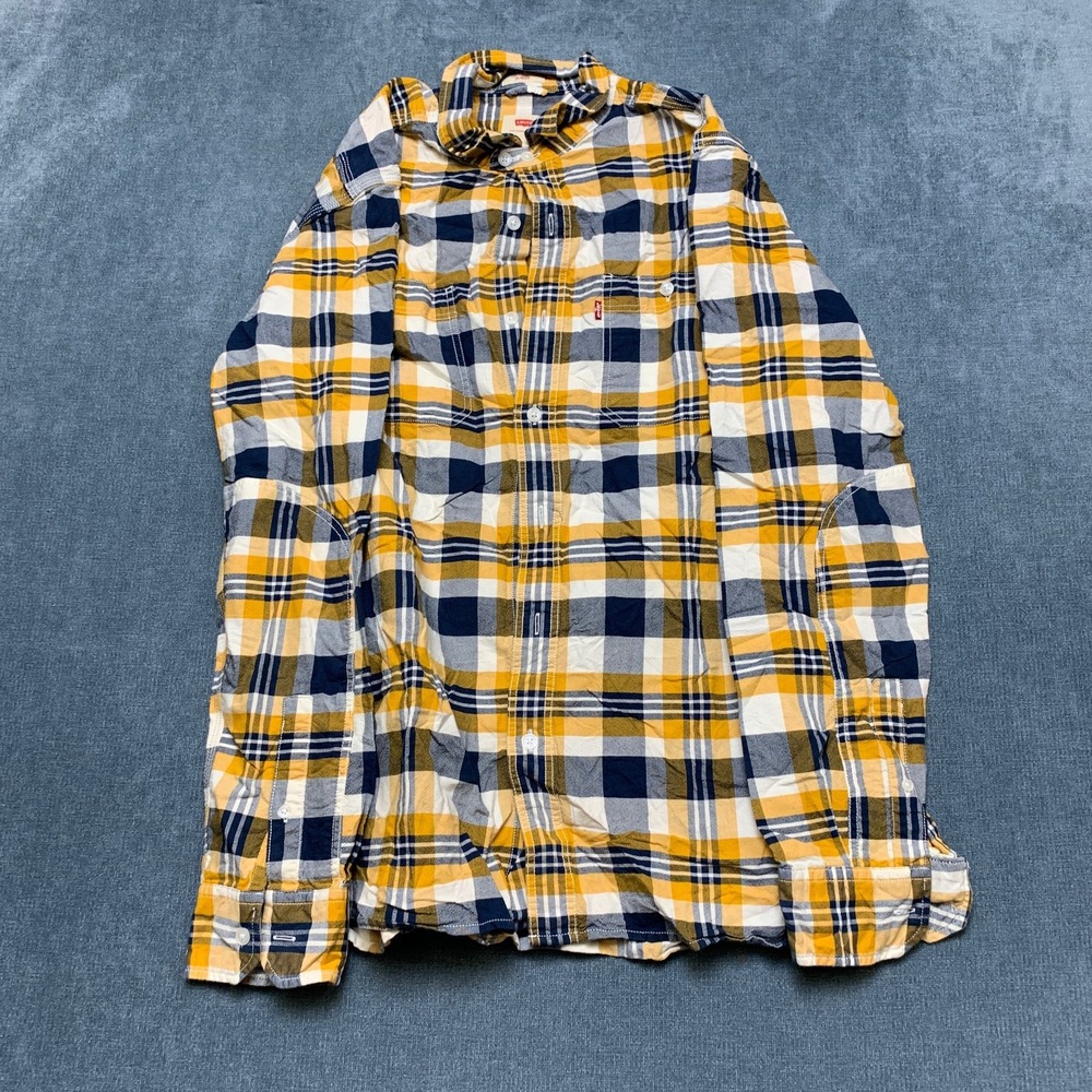 Levi's Shirt Men Large Yellow Blue Plaid Long Sleeve Casual Slim Fit Button Up